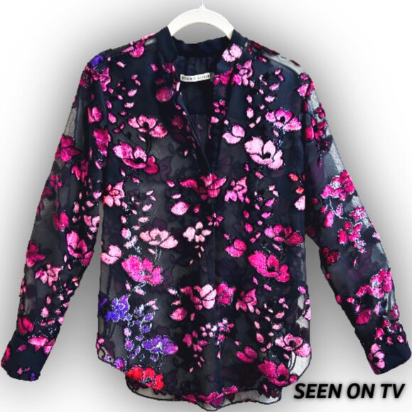 Alice + Olivia Velvet Flocked Sheer Chiffon Designer Blouse XS Black Seen on TV - Picture 13 of 13
